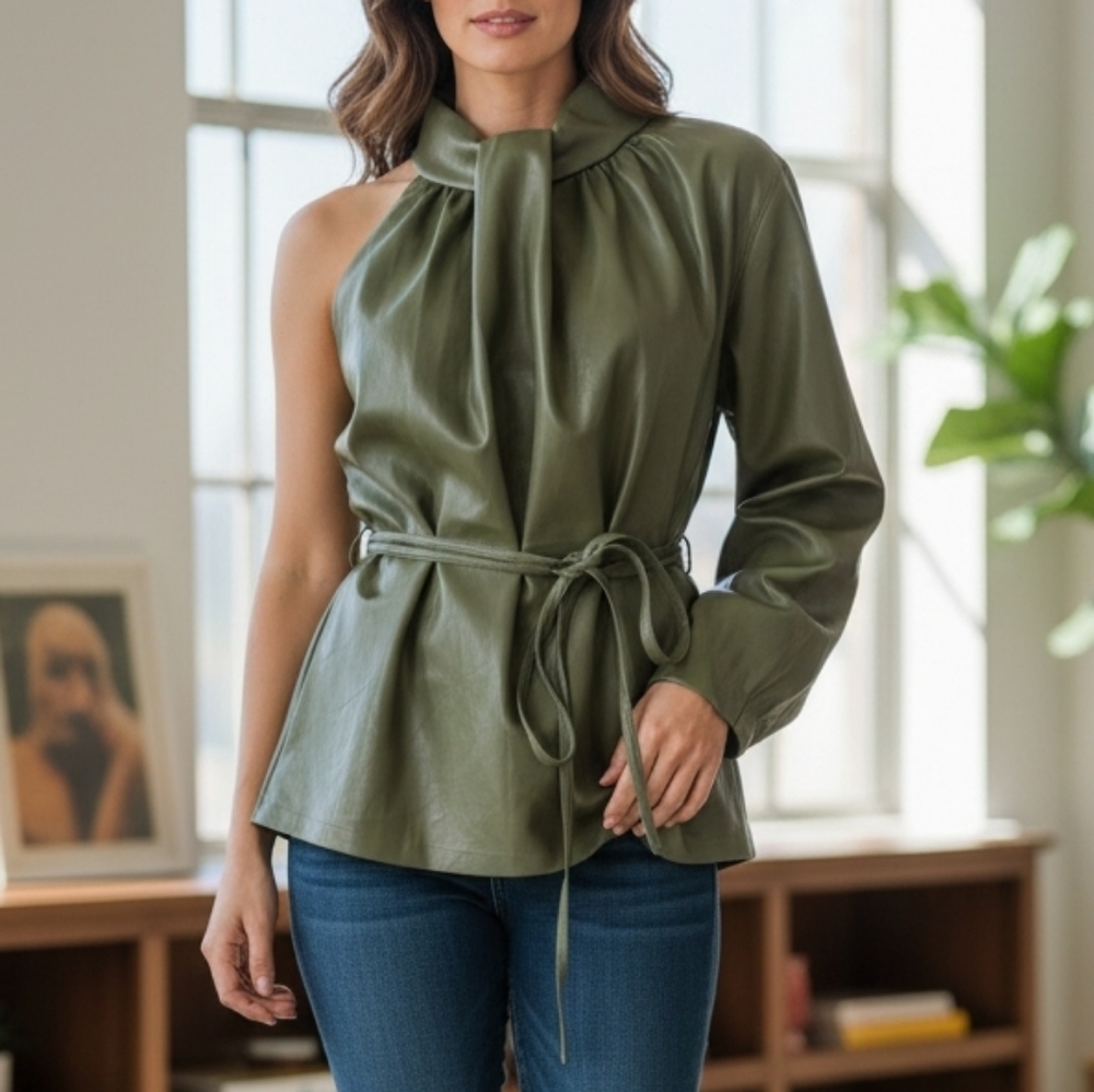 Eloquii Green Faux Leather Single Sleeve Belted High Neck Top